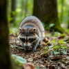 Raccoon exploring forest floor