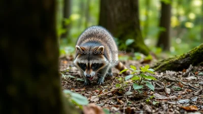 Raccoon exploring forest floor