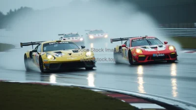 Racing cars on a rainy track water spray reflections dramatic competitiveness