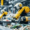 Recycling robots sorting waste in a high-tech facility
