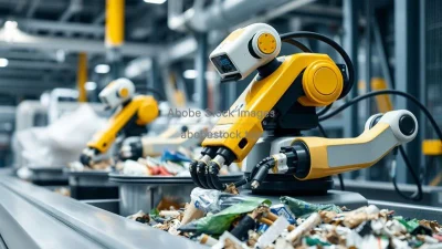 Recycling robots sorting waste in a high-tech facility