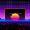 Retro 80s synthwave background with grid and sunset