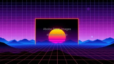 Retro 80s synthwave background with grid and sunset
