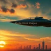 Retro futuristic flying car hovering over a skyline sunset sci fi