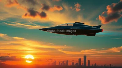 Retro futuristic flying car hovering over a skyline sunset sci fi