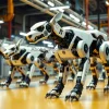 Robot dog assembly line with futuristic quadruped robots being tested sci fi industrial look