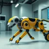 Robot dog navigating using physics based motion simulation futuristic research lab environment
