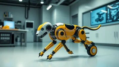 Robot dog navigating using physics based motion simulation futuristic research lab environment