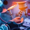 Robotic arm assembling precision medical devices under microscope cool clinical lighting high resolution macro
