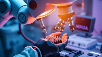 Robotic arm assembling precision medical devices under microscope cool clinical lighting high resolution macro