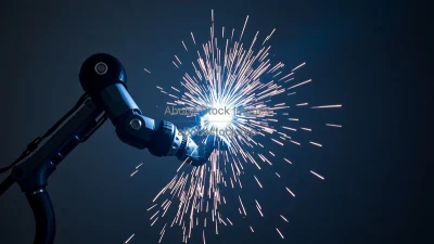 Robotic arm welding bicycle frames bright sparks flying minimal background industrial style