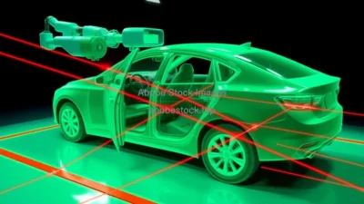 Robotic inspection system scanning car body for defects red laser lines dark background