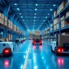 Robotic warehouse with autonomous vehicles transporting pallets futuristic blue lighting high contrast