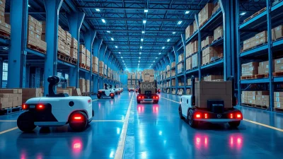 Robotic warehouse with autonomous vehicles transporting pallets futuristic blue lighting high contrast