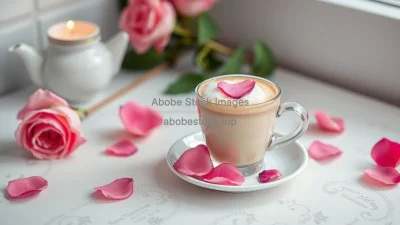 Rose latte with rose petals on top