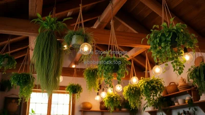 Rustic interior with wooden beams and multiple hanging plants