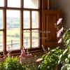 Rustic kitchen window framed by flowering plants
