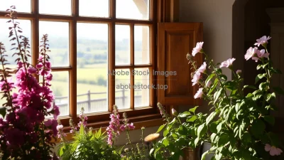 Rustic kitchen window framed by flowering plants