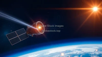 Satellite measuring cosmic rays above Earth glowing trails entering atmosphere astrophysics theme