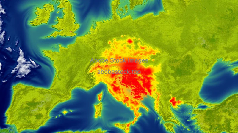Satellite thermal view of a city heat island glowing red surrounded by cooler countryside