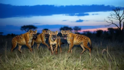 Savannah hyenas hunting at dusk