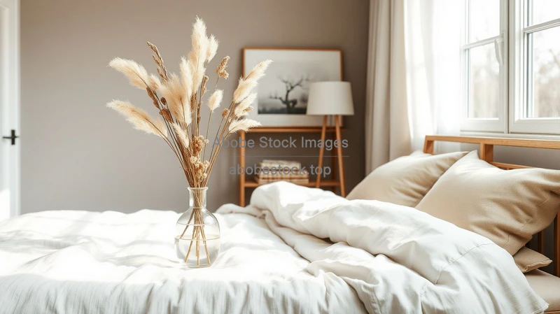 Scandinavian bedroom with dried flowers in a vase