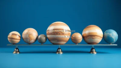 Series of differently sized planets on a scale demonstrating gravity and mass educational setup