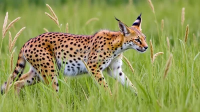 Serval stalking through tall grass