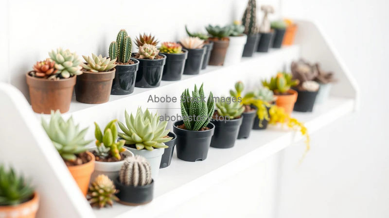 Shelf full of small succulents and cacti