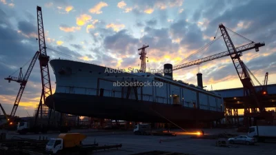 Shipbuilding yard with massive hull under construction cranes and welders working sunset lighting realistic