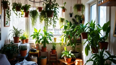 Small apartment filled with hanging and standing plants