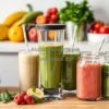 Smoothie station with blender fresh fruits greens and glass jars