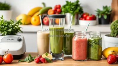 Smoothie station with blender fresh fruits greens and glass jars