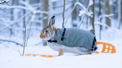 Snowshoe hare in winter coat in snowy forest