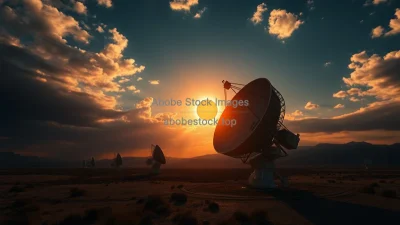 Solar eclipse over a giant radio telescope array dramatic sky high resolution photography style