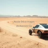 Solar powered car race across arid landscape minimalistic composition