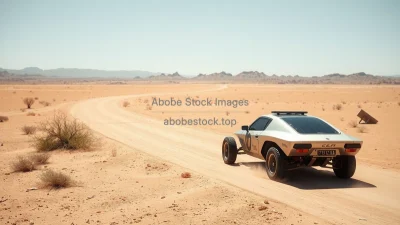 Solar powered car race across arid landscape minimalistic composition