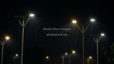 Solar powered streetlights still glowing in a dark storm battered city night scene