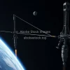 Space elevator concept with tether connecting Earth and orbital station realistic physics rendering