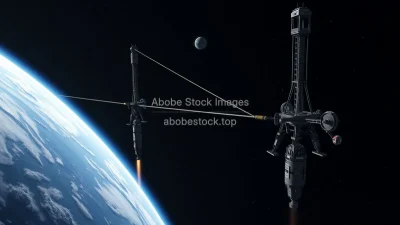 Space elevator concept with tether connecting Earth and orbital station realistic physics rendering