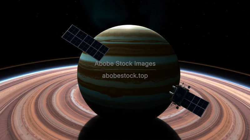 Space probe measuring magnetic fields around Jupiter swirling auroras visible at poles high detail