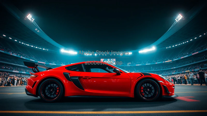 Sports car in front of a massive stadium on game night bright lights crowds