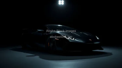 Sports car inside a dark studio with a single spotlight high contrast