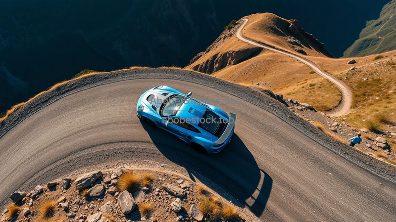 Sports car on a mountain hairpin turn drones filming from above cinematic