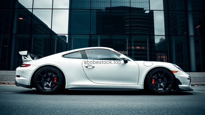 Sports car reflected in a glass skyscraper facade abstract urban shot