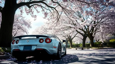 Sports car under cherry blossom trees petals falling spring atmosphere
