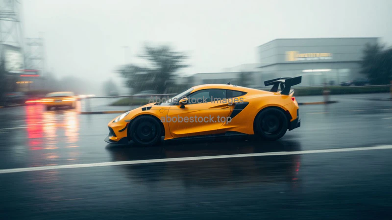 Sports car under heavy rain in slow shutter shot raindrops visible dynamic
