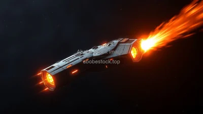 Starship powered by antimatter engines glowing thrusters deep space physics concept art