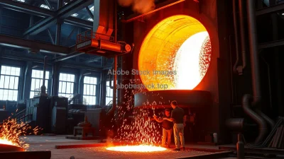 Steel production plant with molten metal pouring from a large furnace sparks flying dramatic industrial atmosphere
