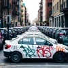 Street parked cars covered in colorful graffiti urban art style